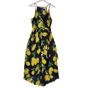 DREAM OF ME Maxi Dress Navy Blue Yellow Lemon Print Faux Wrap Style Sz Large